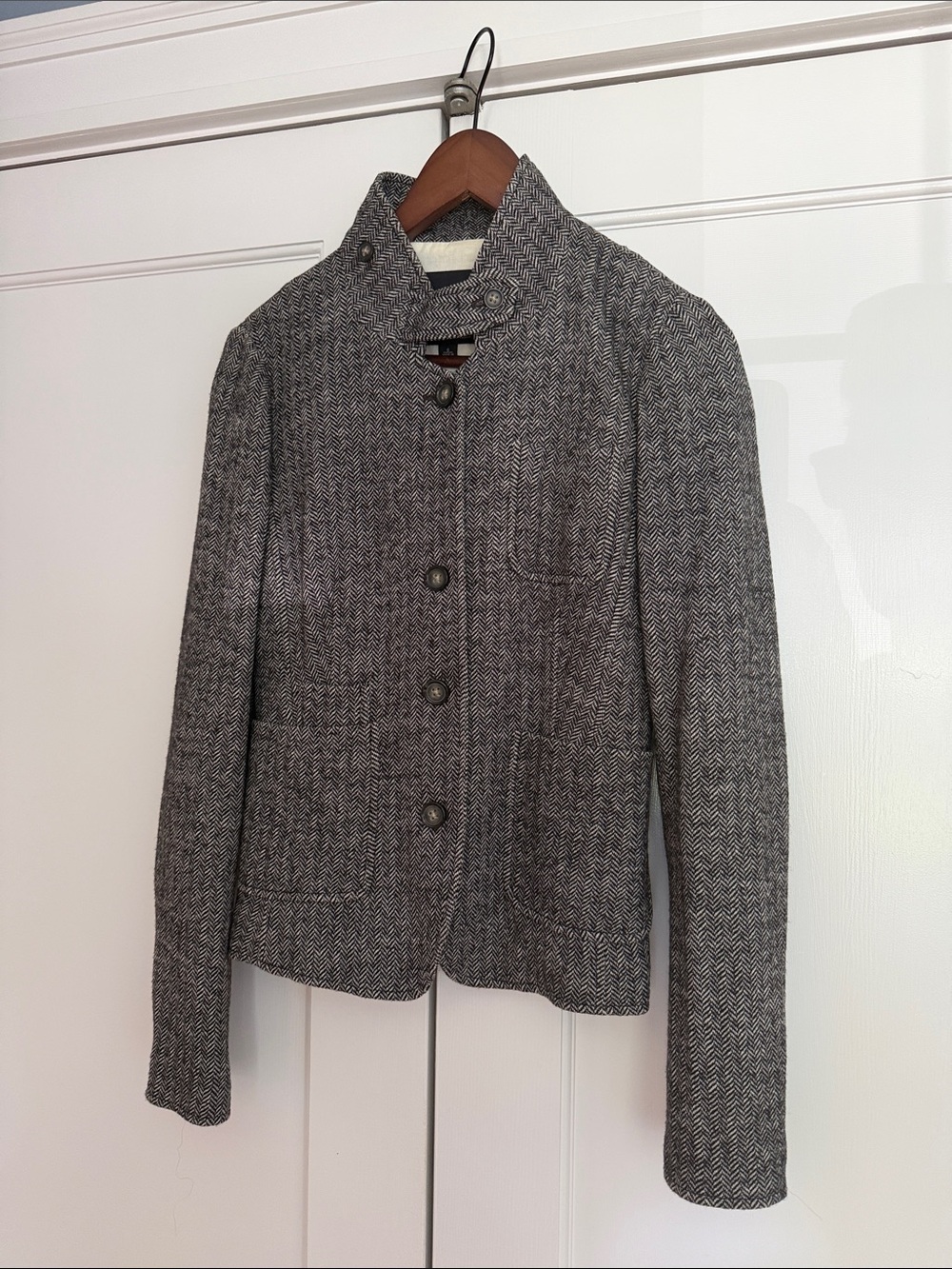 Banana Republic Grey Herringbone Stand-Collar Button Jacket